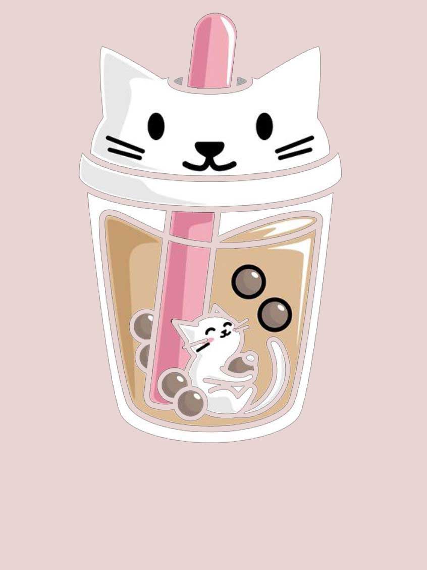 Chibi hình nền trà sữa cute với mèo con